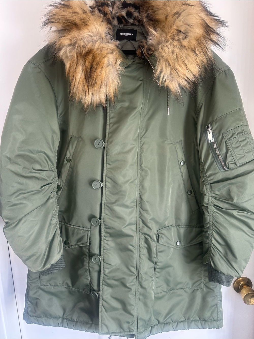 The Kooples Paris Women’s M Olive Oversized Faux Fur Leopard Hood Parka Coat